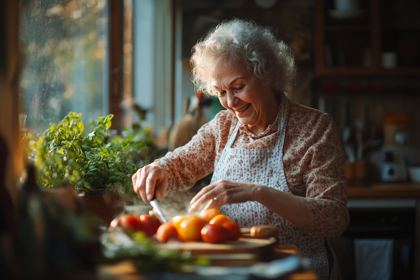 Щаслива пара старшого віку готує здорову їжу